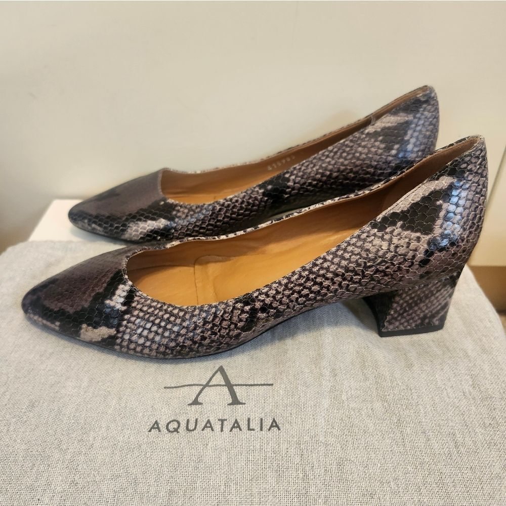 NWT Aquatalia "Pasha" Blk/Gry Python Print Leather Sq. Heel Pumps Sz.7 Ret. $350